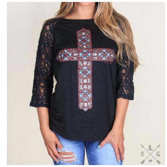 Southern Grace Tops - Southern Grace Lace Sleeve Cross Raglan Top Sz L